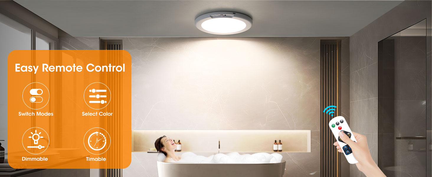 Ceiling-mounted light fixture in a bathroom setting. Orange overlay highlights 'Easy Remote Control' feature with icons for brightness and color temperature adjustment.