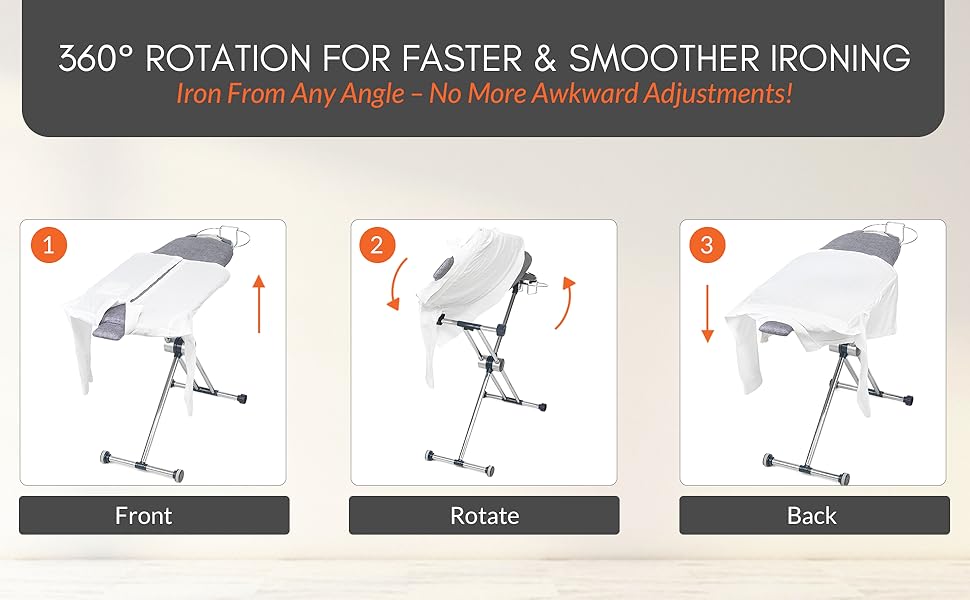 Dazzl 360 ironing board showing front, rotation, and back positions for smooth ironing