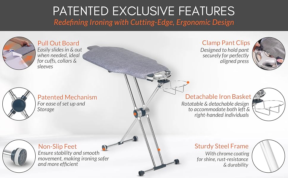 Dazzl ironing board with patented mechanism, detachable basket, non-slip feet, and steel frame