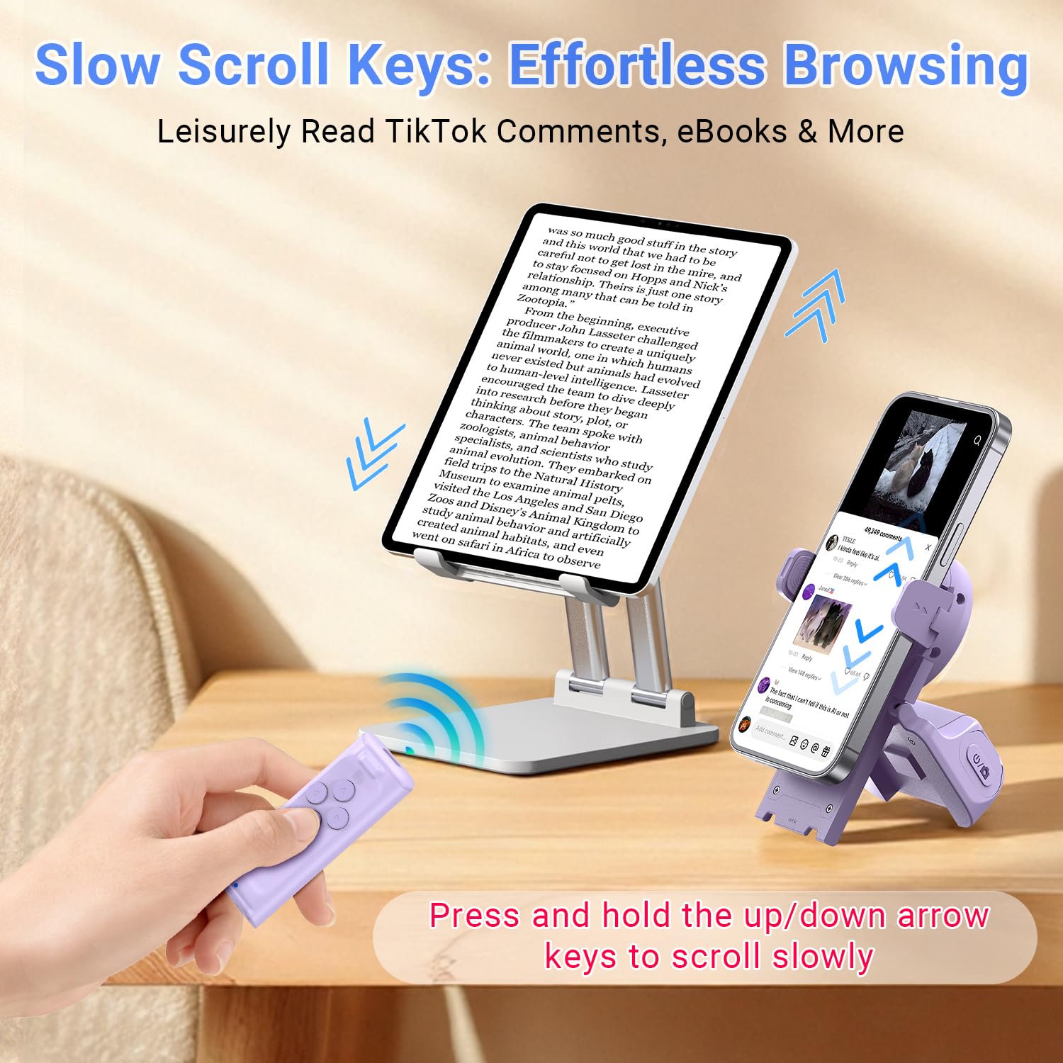 Remote Control Scrolling for Tiktok with Phone Stand,Page Turner for Kindle App E-Book,Bluetooth Camera Shutter Remote for iPhone, Android,iOS,iPad,Tablet (Purple)