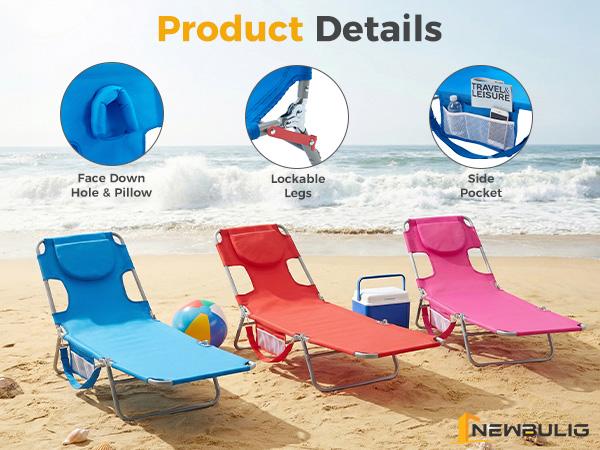 Folding Adjustable Chaise Lounge Chair, Portable Beach Lounge Chair with Backpack Straps & Side Pocket for Outside, Patio, Poolside, Lawn