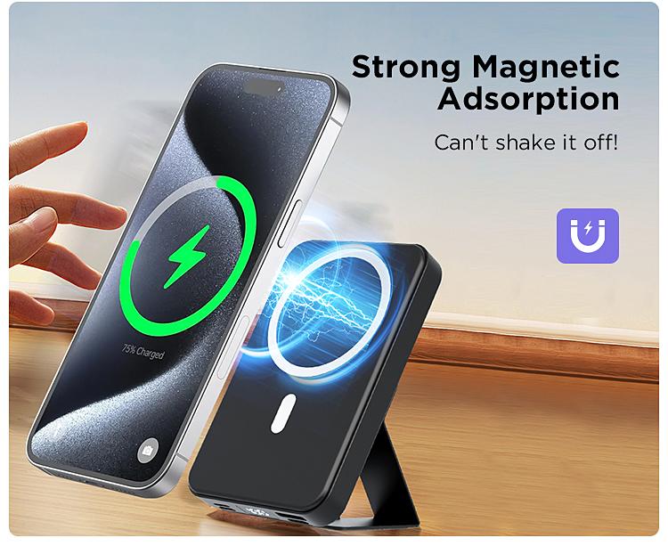 Magnetic Power Bank 10000mAh Wireless Portable Charger with USB-C Cable LED Display Foldable Battery Pack for iPhone 16/15/14/13/12/Pro/Pro Max Series Charging Compact Silicone Black