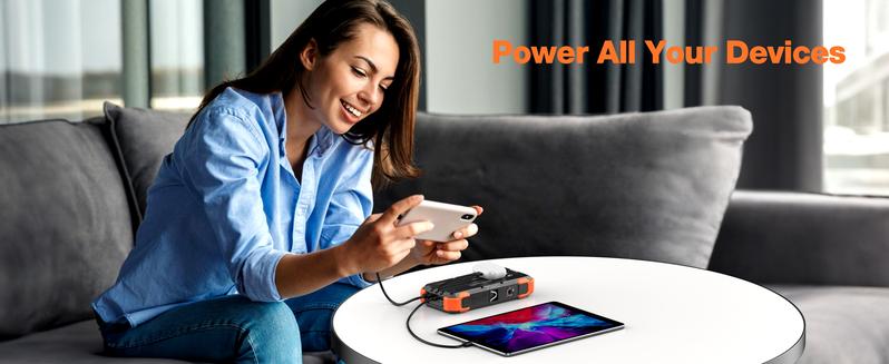 Sudrov 42800 mAh Solar Charger Power Bank Wireless Charger Built in 4 Cables 7 Outputs 15 Watts Fast Charging Power Bank for All Mobile Devices 3 Inputs Solar Portable Charger with Dual Flashlights, Carabiner and Thermometer