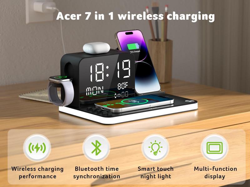 Acer 7 in 1 Wireless Charging Station with Fast Wireless Charger, LED Night Light, Bluetooth Time Sync Clock & Temperature Display, USB-A & USB-C, Magnetic MagSafe &ndash; for iPhone, Android Phone, Apple Watch & AirPods, Gift