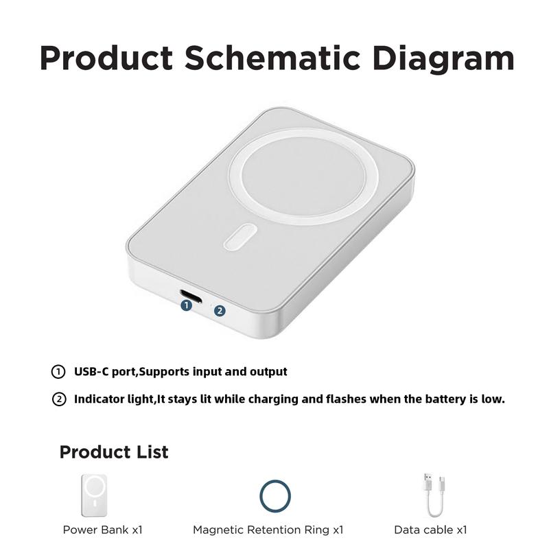 5000mAh Magnetic Power Bank, Wireless Portable Charger, Fast Charging MagSafe Battery Pack for iPhone 17/16/15/14/13/12/Plus/Pro Max, Compact Device Smartphone Chargeable