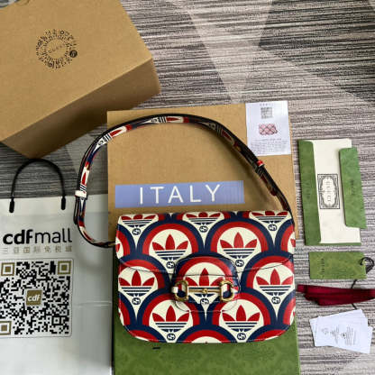 gg x Adidas Horsebit 1955 Shoulder Bag Blue/Red For Women, Women’s Bags 9.8in/25cm gg 602204 UVG0G 4168