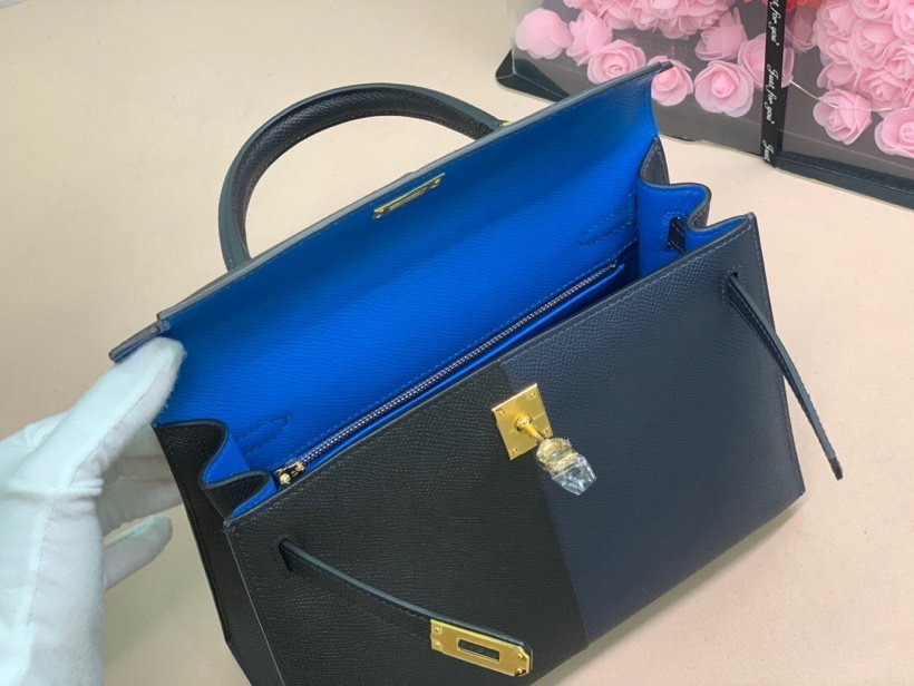 HM Kelly 28 Sellier Epsom Bag Black/Navy Blue For Women, Women���s Handbags, Shoulder Bags 11in/28cm