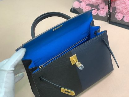 HM Kelly 28 Sellier Epsom Bag Black/Navy Blue For Women, Women���s Handbags, Shoulder Bags 11in/28cm