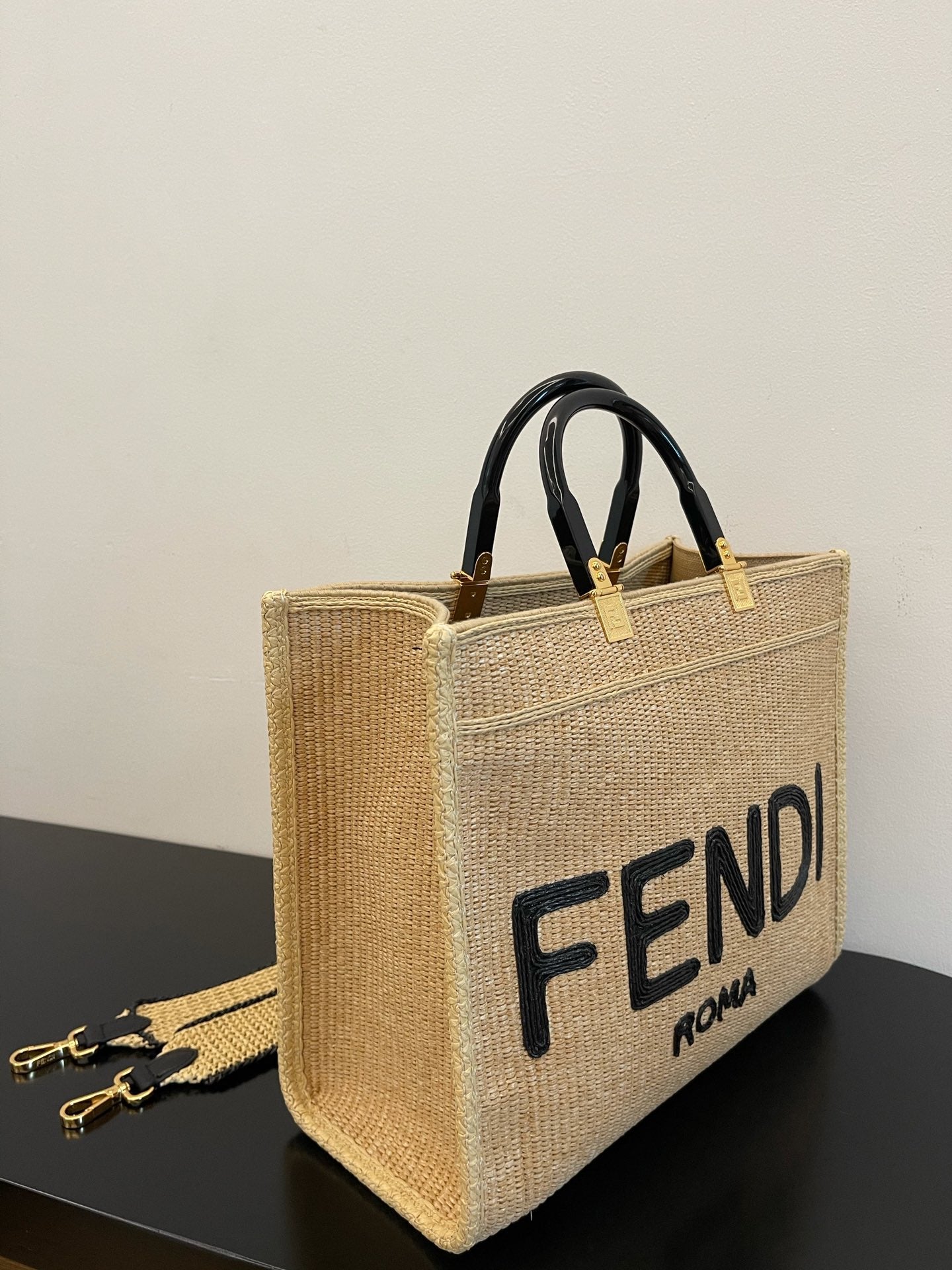 FI Sunshine Medium Beige and Black straw shopper Bag For Woman 31cm/12in 8BH386AKRPF1CBX
