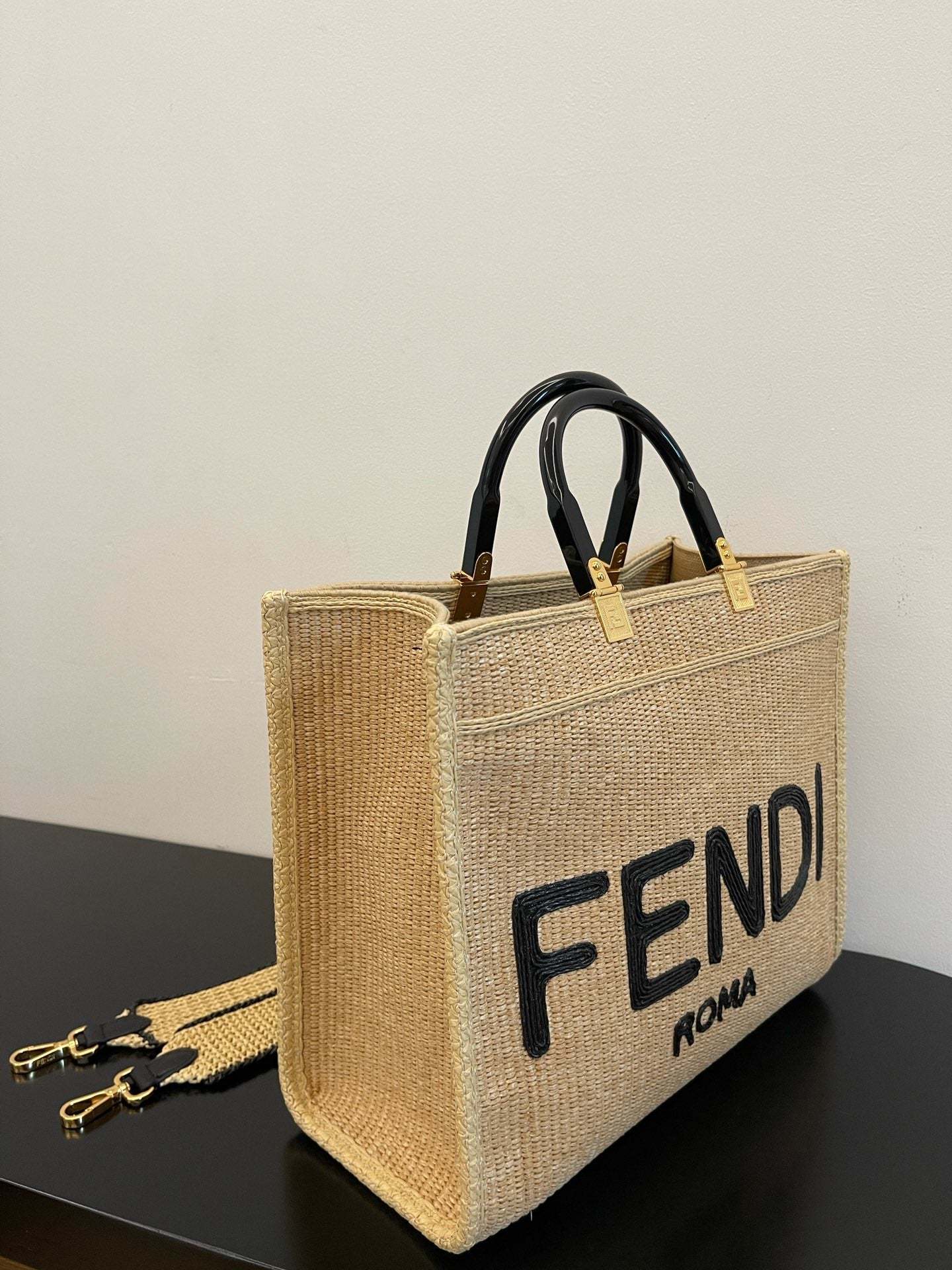 FI Sunshine Medium Beige and Black straw shopper Bag For Woman 31cm/12in 8BH386AKRPF1CBX