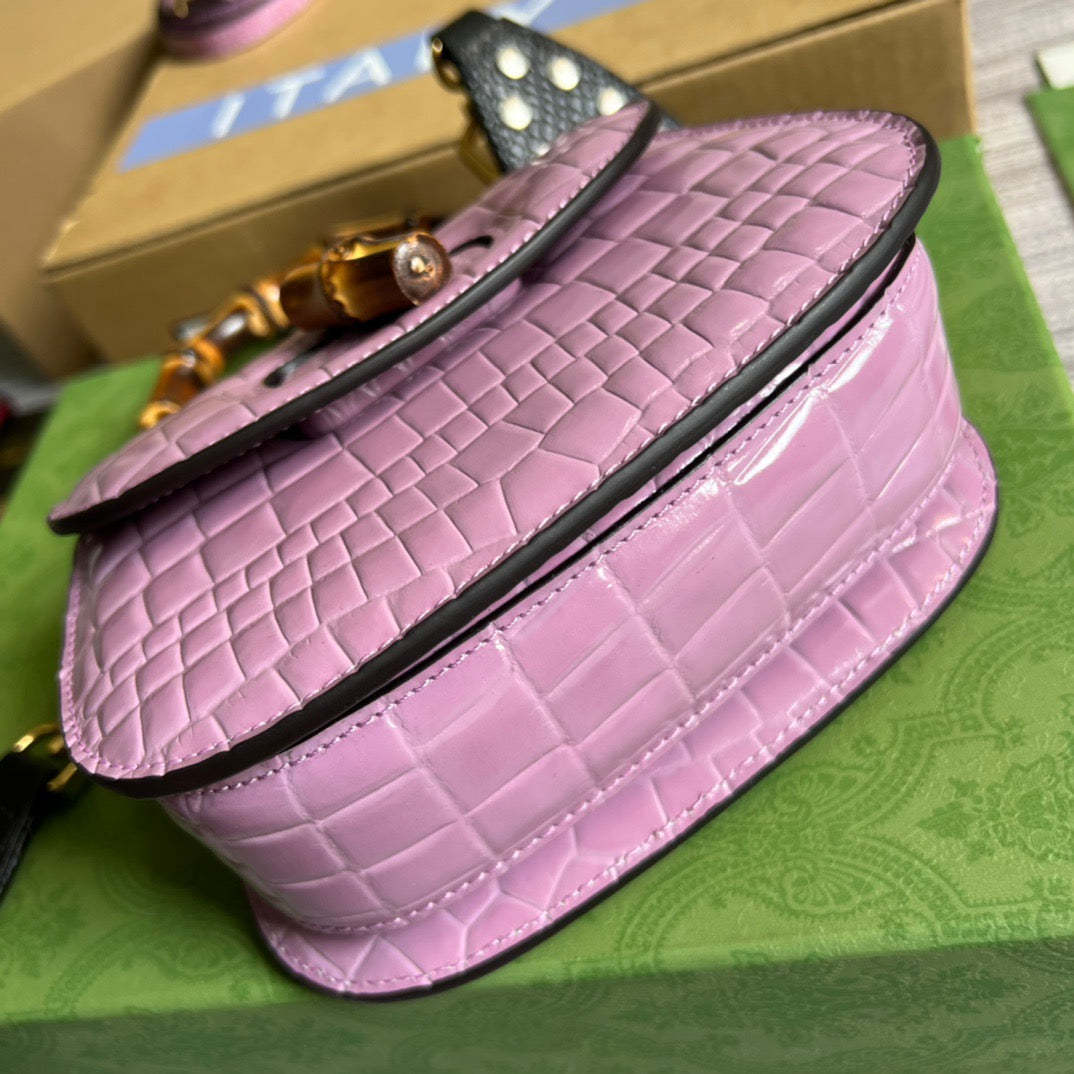 gg Bamboo 1947 Crocodile Mini Top Handle Bag Pink For Women, Women’s Bags 6.7in/17cm gg