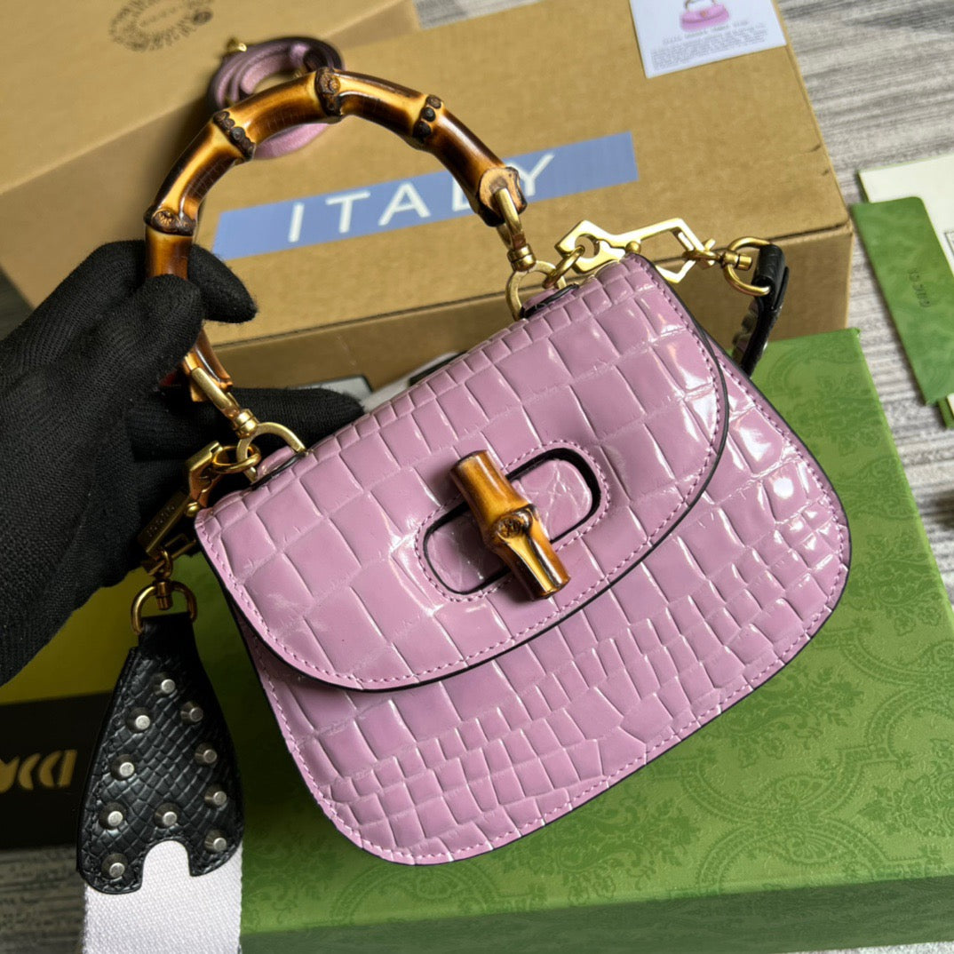 gg Bamboo 1947 Crocodile Mini Top Handle Bag Pink For Women, Women’s Bags 6.7in/17cm gg