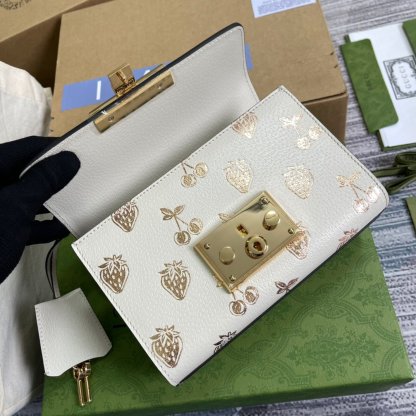 gg Padlock Small gg Strawberry Shoulder Bag White For Women, Women’s Bags 7.9in/20cm gg