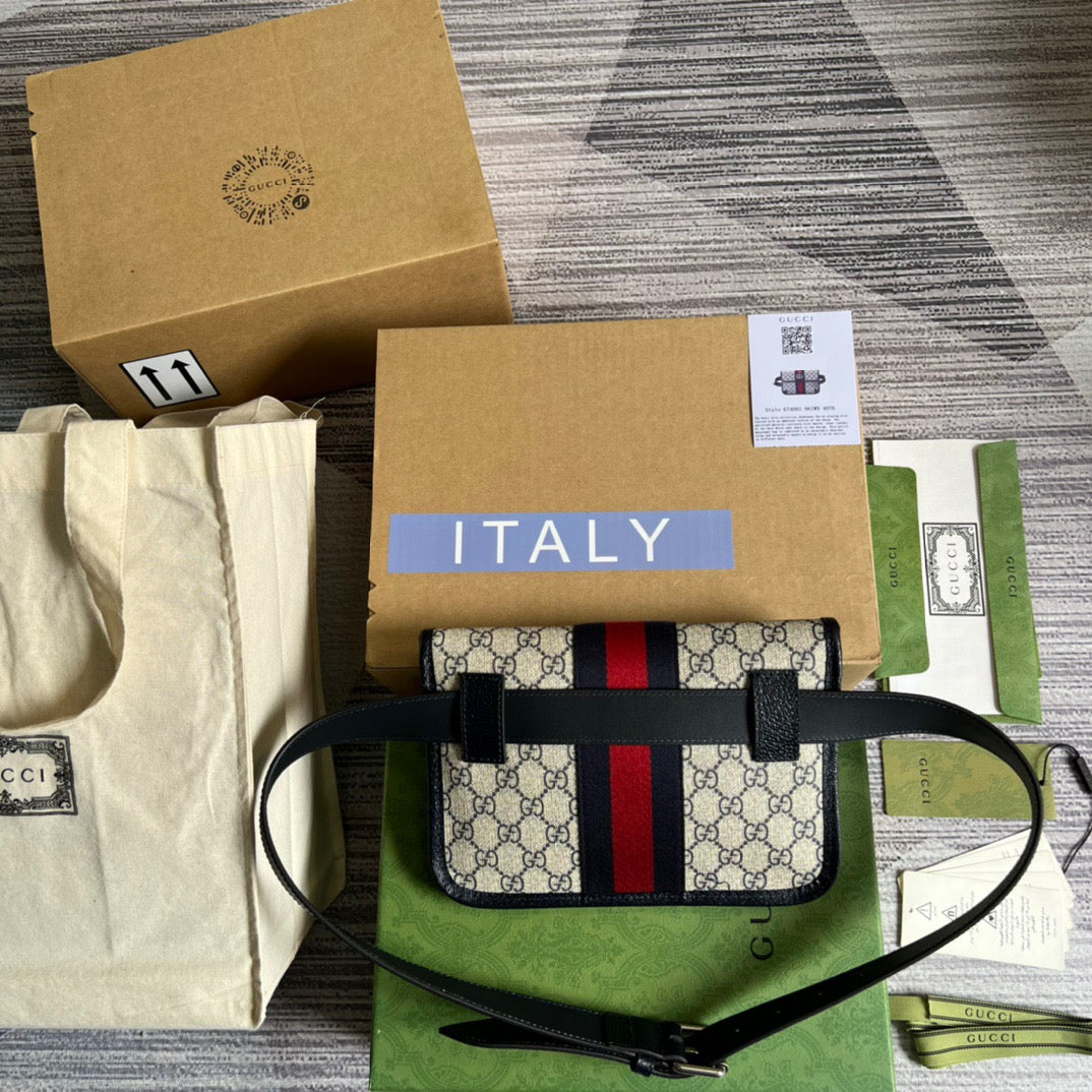 gg Ophidia Belt Bag Beige And Blue gg Supreme Canvas For Men  8.7in/22cm gg 674081 96IWN 4076