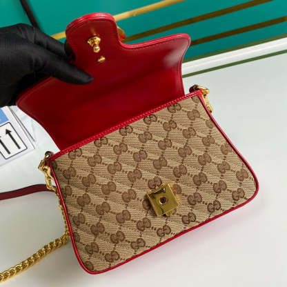 gg Ladies gg Canvas Marmont Mini Top Handle Bag Beige And Red gg Canvas For Women 8.3in/21cm gg 583571 HVKEG 8561