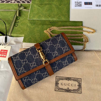 gg Jackie 1961 Chain Wallet Dark Blue And Ivory Eco Washed Organic gg Jacquard Denim For Women 7.5in/19cm 652681 2KQgg 8375