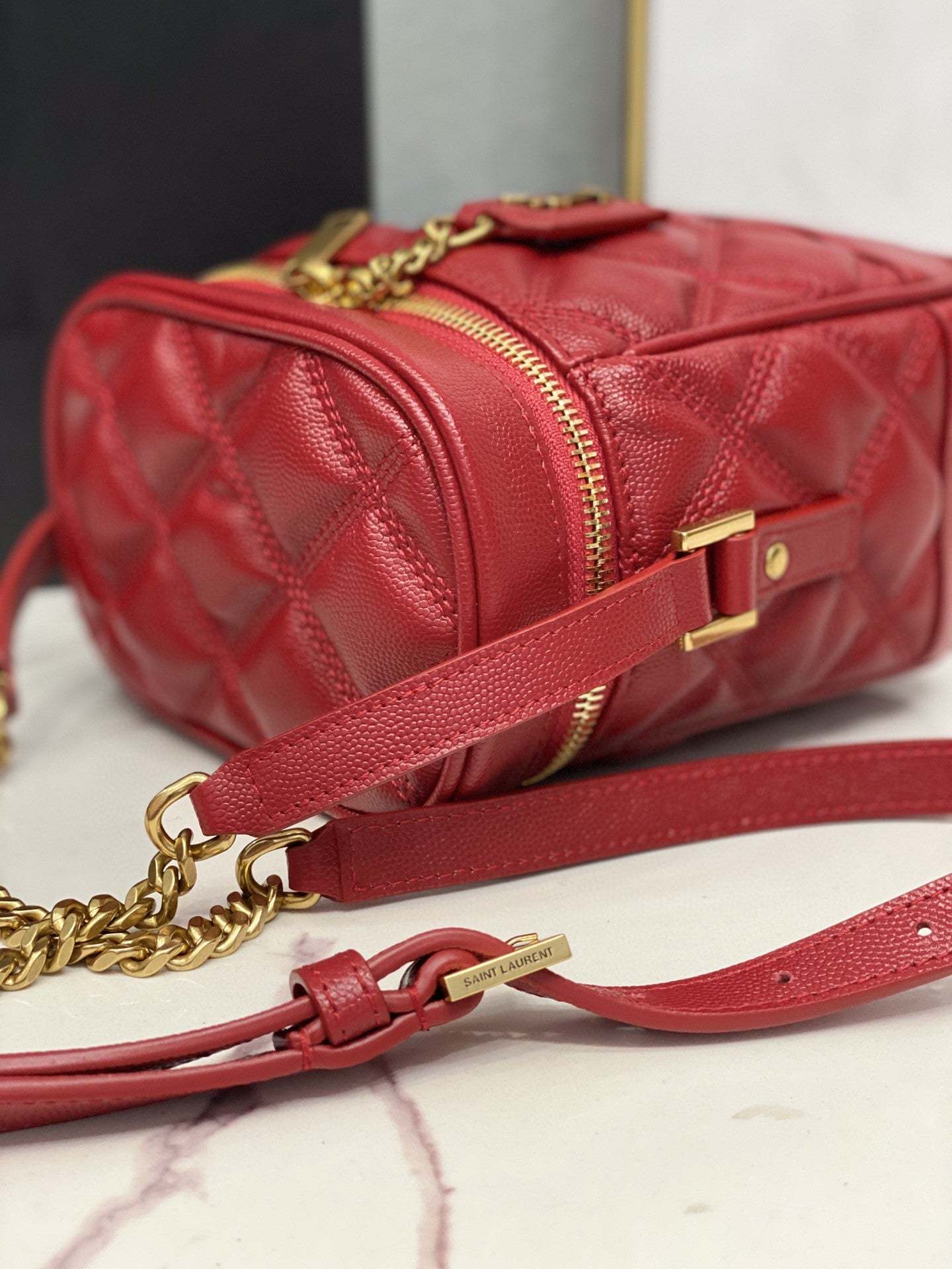 YSSL 80’s Vanity Bag In Carré-Quilted Grain De Poudre Red For Women 6.4in/16.5cm YSL 649779DME276805