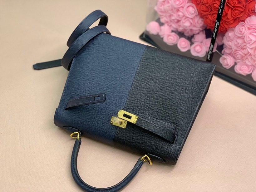 HM Kelly 28 Sellier Epsom Bag Black/Navy Blue For Women, Women���s Handbags, Shoulder Bags 11in/28cm