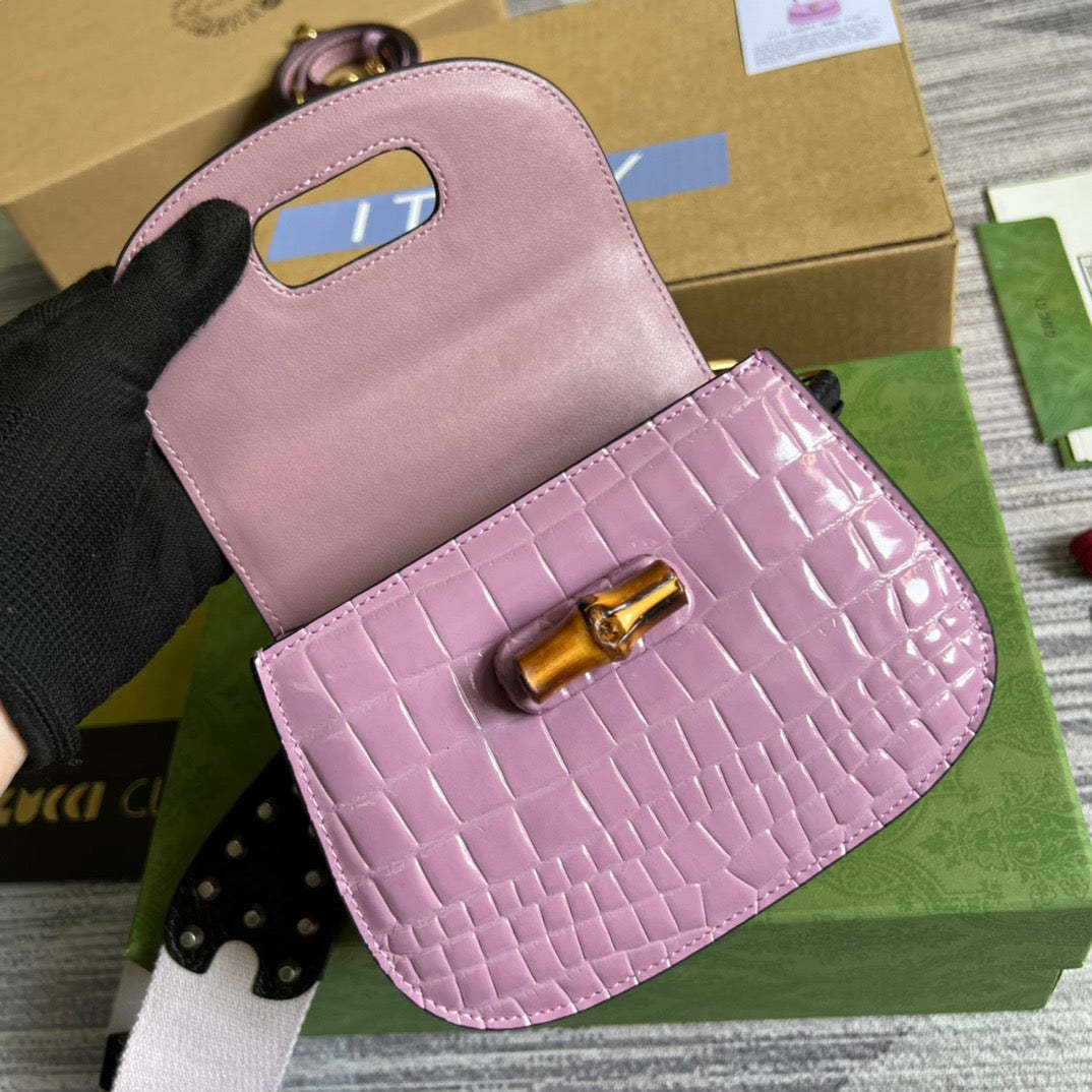 gg Bamboo 1947 Crocodile Mini Top Handle Bag Pink For Women, Women’s Bags 6.7in/17cm gg