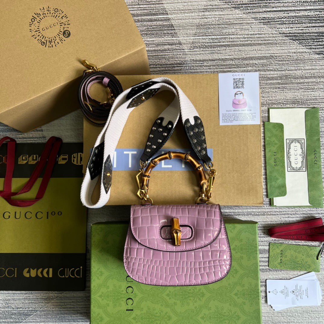 gg Bamboo 1947 Crocodile Mini Top Handle Bag Pink For Women, Women’s Bags 6.7in/17cm gg