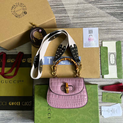 gg Bamboo 1947 Crocodile Mini Top Handle Bag Pink For Women, Women’s Bags 6.7in/17cm gg