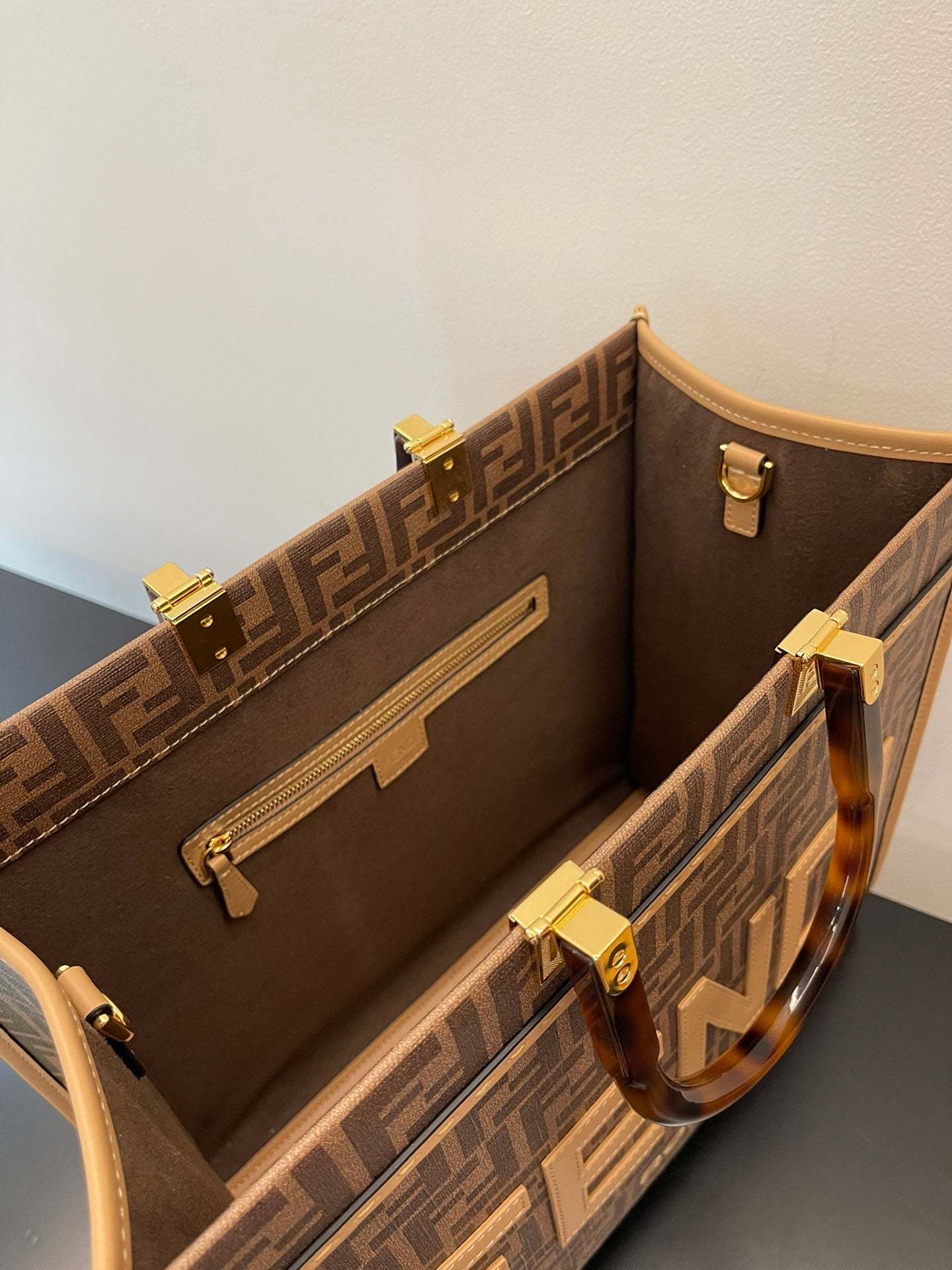 FI Sunshine Medium Brown FF jacquard fabric shopper Bag For Woman 31cm/12in