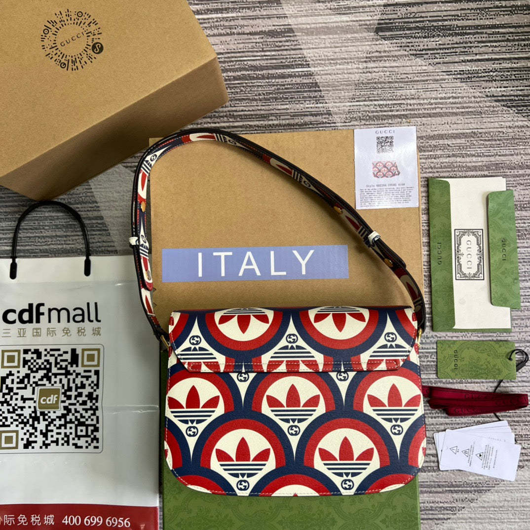 gg x Adidas Horsebit 1955 Shoulder Bag Blue/Red For Women, Women’s Bags 9.8in/25cm gg 602204 UVG0G 4168