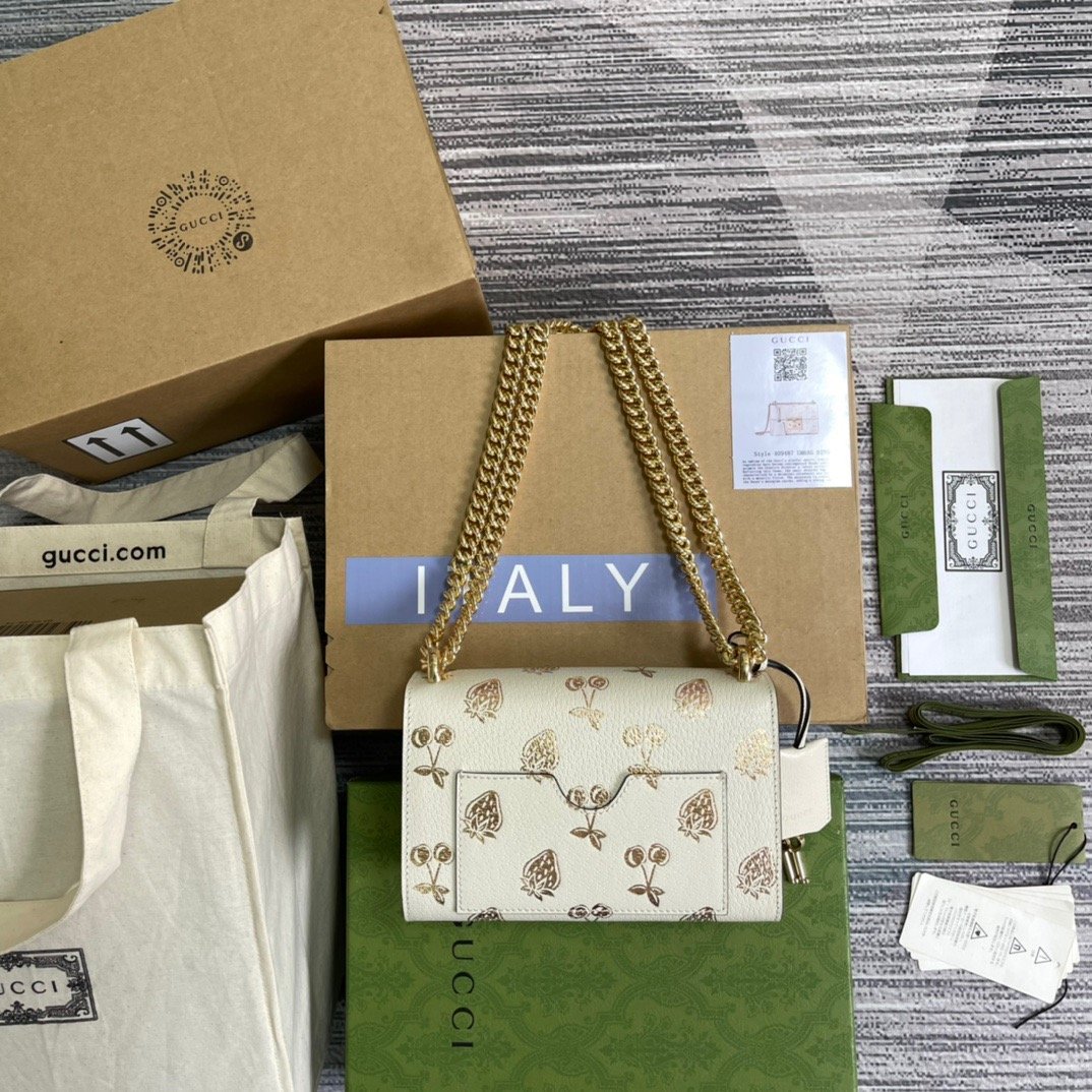 gg Padlock Small gg Strawberry Shoulder Bag White For Women, Women’s Bags 7.9in/20cm gg