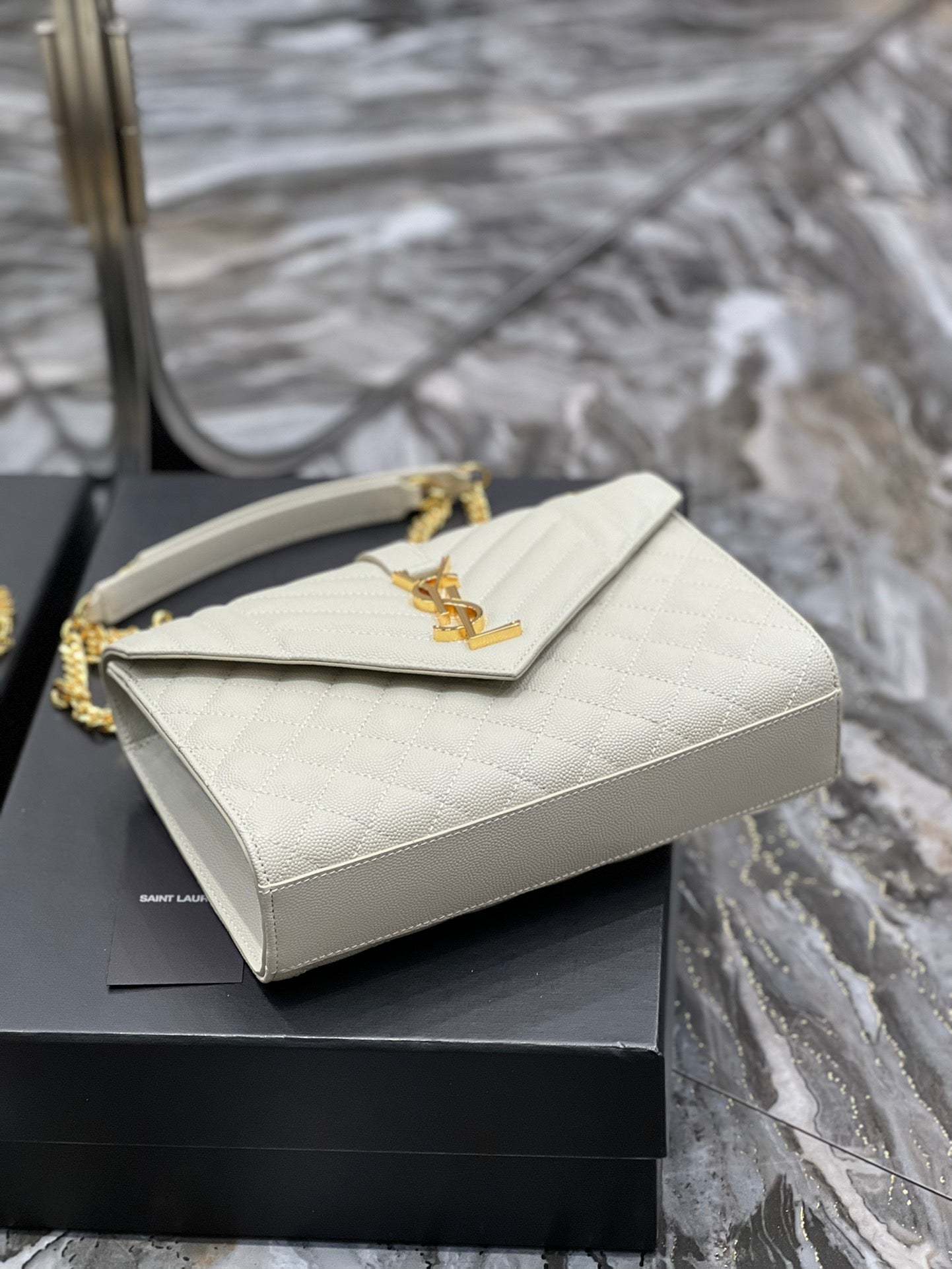YSSL Envelope Medium Chain Bag White For Women, Women’s Bags 9.4in/24cm YSL