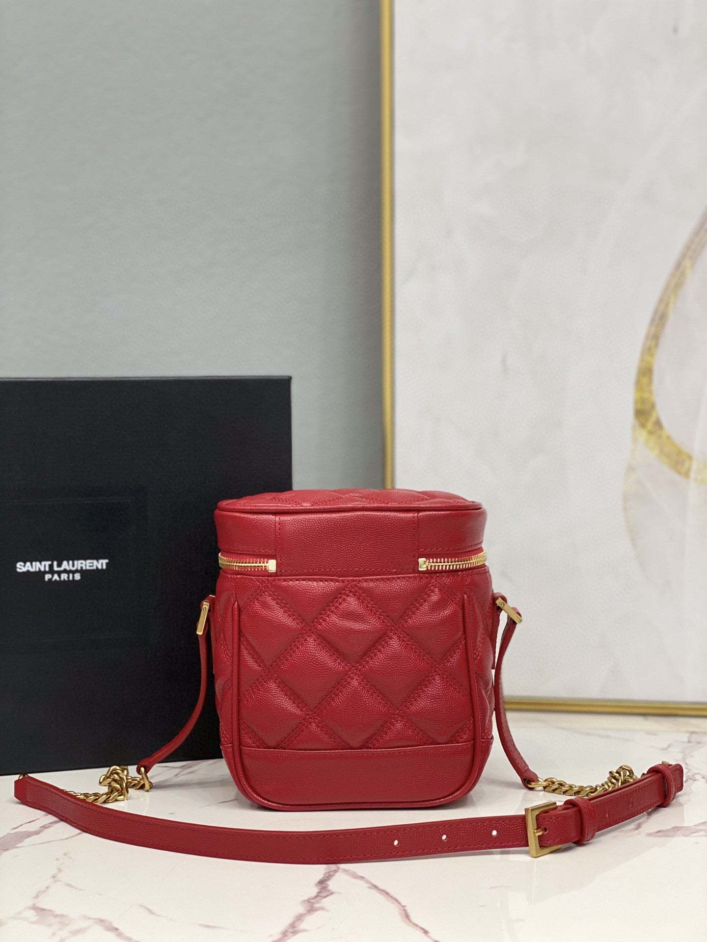 YSSL 80’s Vanity Bag In Carré-Quilted Grain De Poudre Red For Women 6.4in/16.5cm YSL 649779DME276805