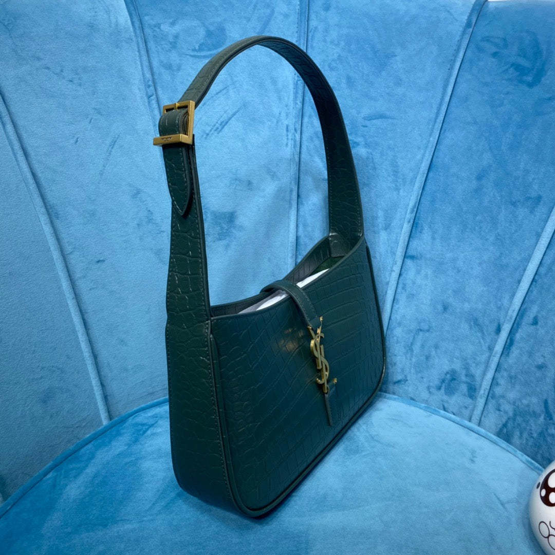 YSSL Le 5 À 7 Hobo Bag In Crocodile Embossed Shiny Dark Green For Women 9in/23cm YSL 657228DZE0W3045
