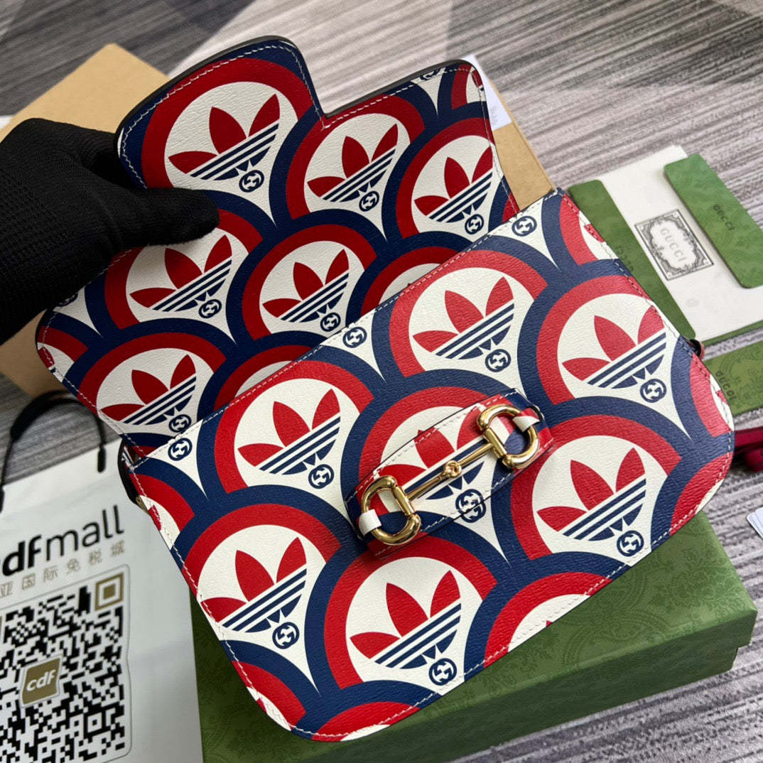 gg x Adidas Horsebit 1955 Shoulder Bag Blue/Red For Women, Women’s Bags 9.8in/25cm gg 602204 UVG0G 4168