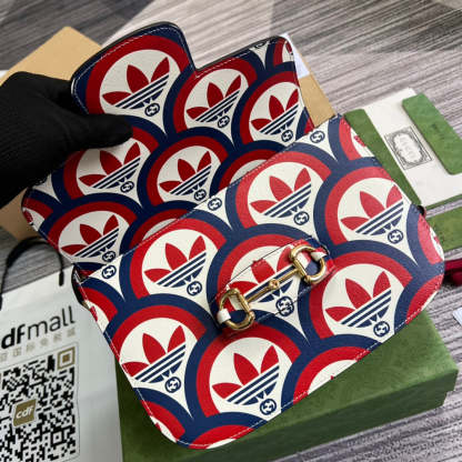 gg x Adidas Horsebit 1955 Shoulder Bag Blue/Red For Women, Women’s Bags 9.8in/25cm gg 602204 UVG0G 4168