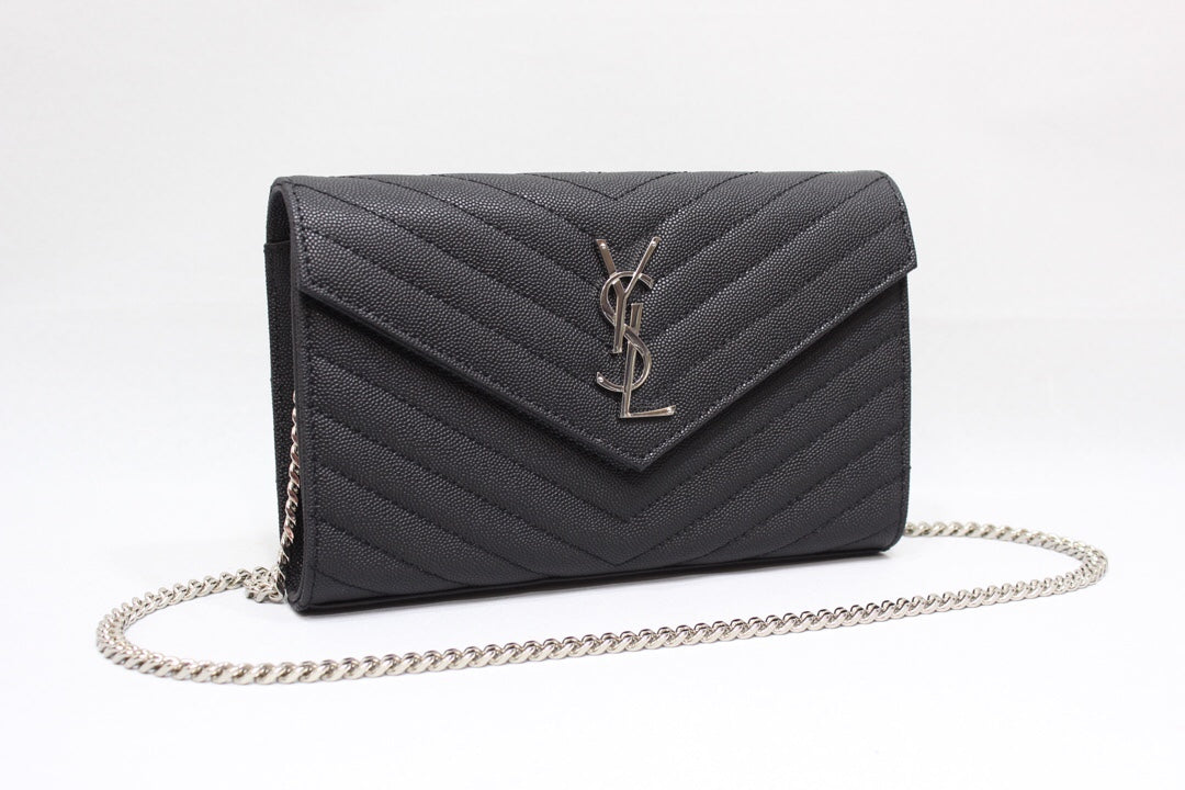 YSSL Cassandre Matelassé Chain Wallet In Grain De Poudre Embossed Black For Women 8.8in/23cm YSL 377828BOW021000