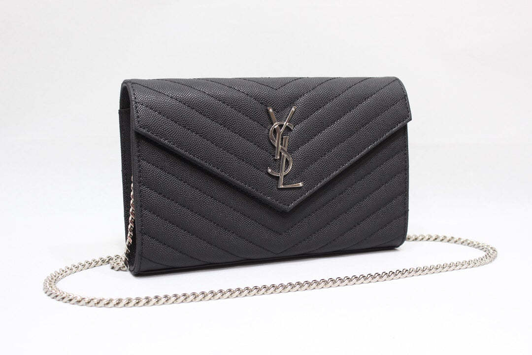 YSSL Cassandre Matelassé Chain Wallet In Grain De Poudre Embossed Black For Women 8.8in/23cm YSL 377828BOW021000