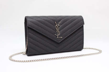 YSSL Cassandre Matelassé Chain Wallet In Grain De Poudre Embossed Black For Women 8.8in/23cm YSL 377828BOW021000