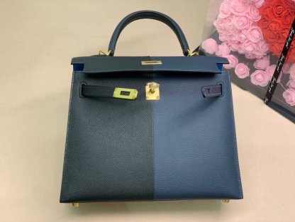 HM Kelly 28 Sellier Epsom Bag Black/Navy Blue For Women, Women���s Handbags, Shoulder Bags 11in/28cm
