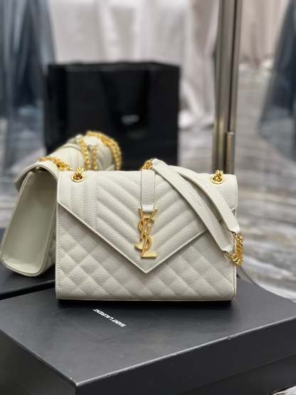 YSSL Envelope Medium Chain Bag White For Women, Women’s Bags 9.4in/24cm YSL