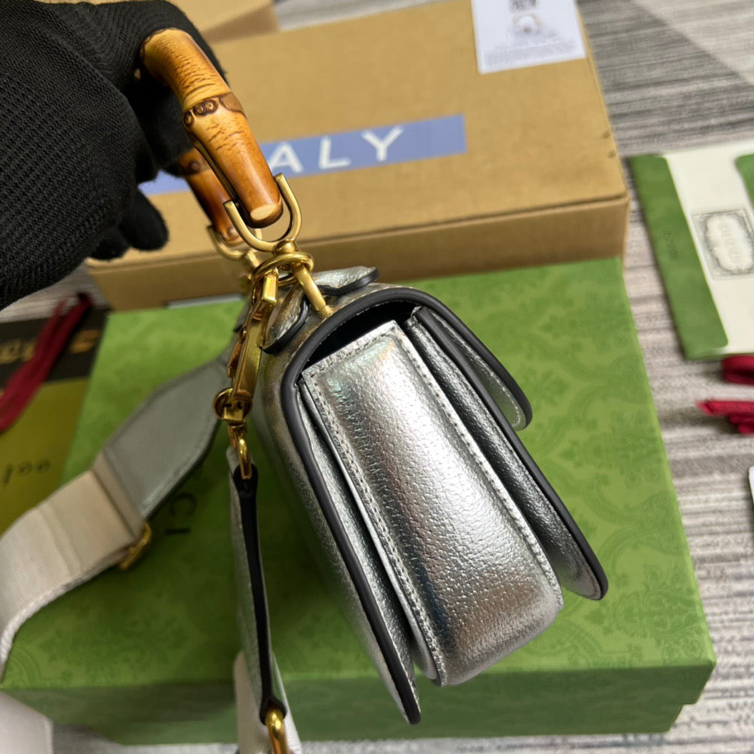 gg Bamboo 1947 Mini Top Handle Bag Silver For Women, Women’s Bags 6.7in/17cm gg