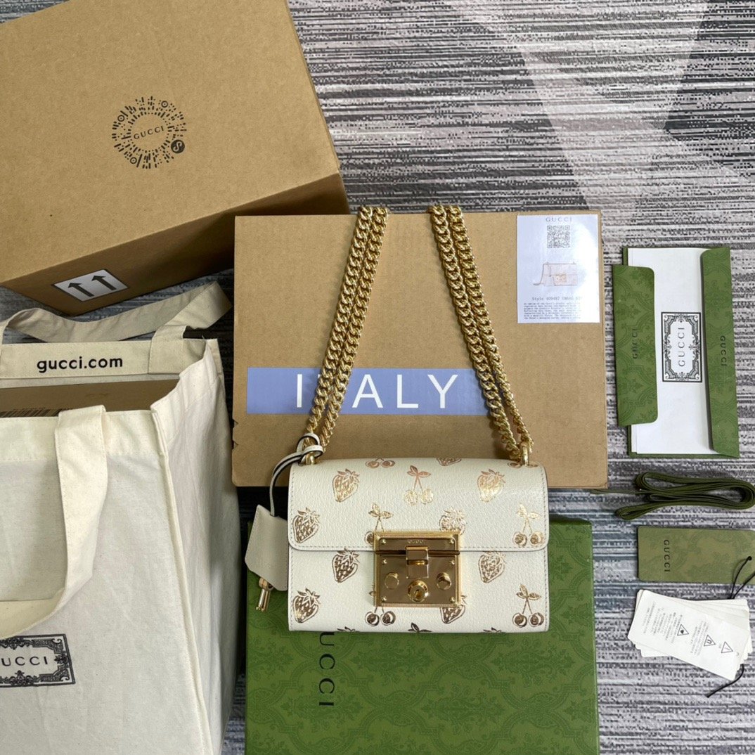 gg Padlock Small gg Strawberry Shoulder Bag White For Women, Women’s Bags 7.9in/20cm gg