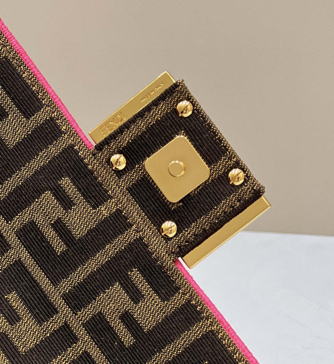 FI Baguette Small Brown Fabric Pink Border Bag For Woman 18cm/7in