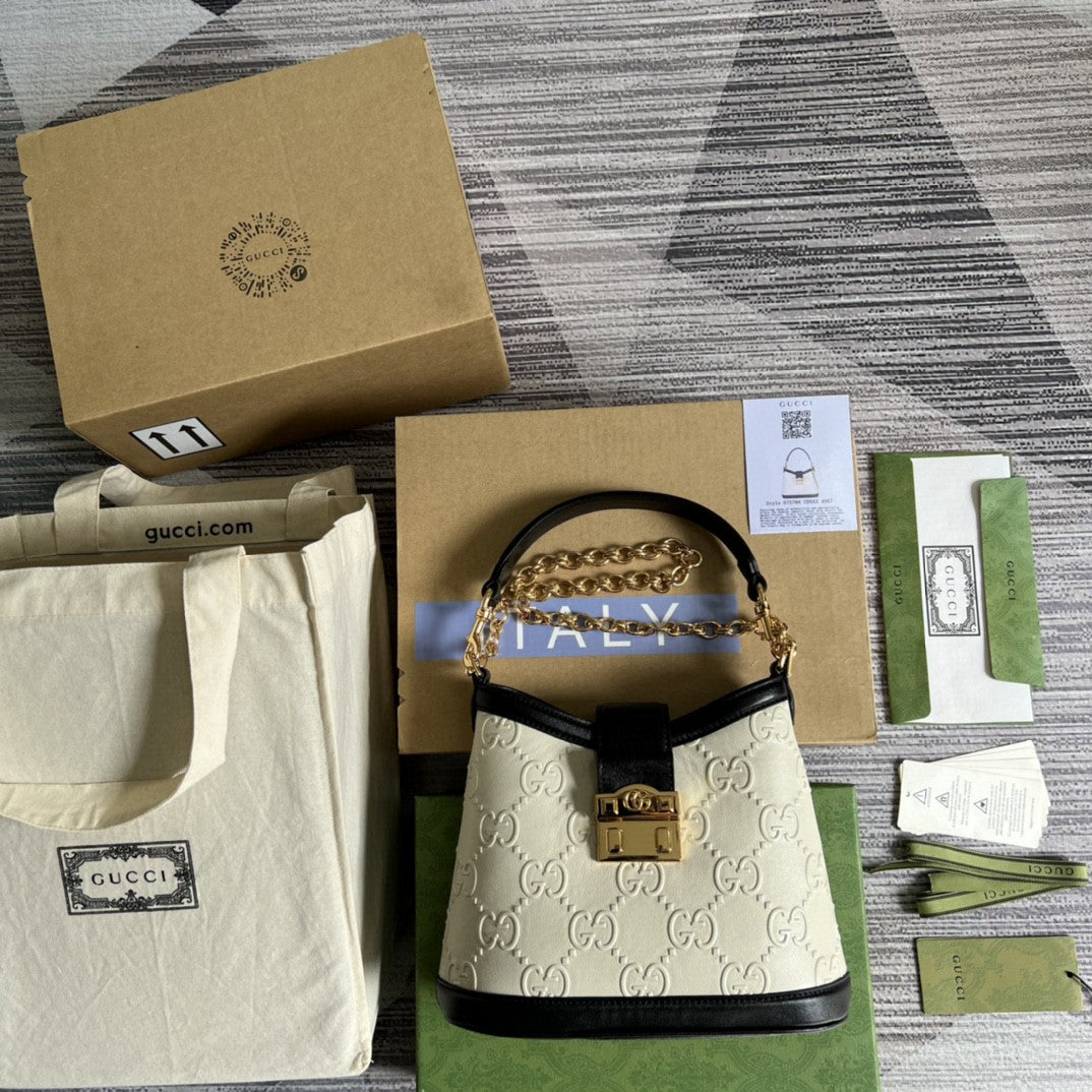 gg Small gg Shoulder Bag White Debossed For Women 9.8in/25cm 675788 gg UD9AX 9099