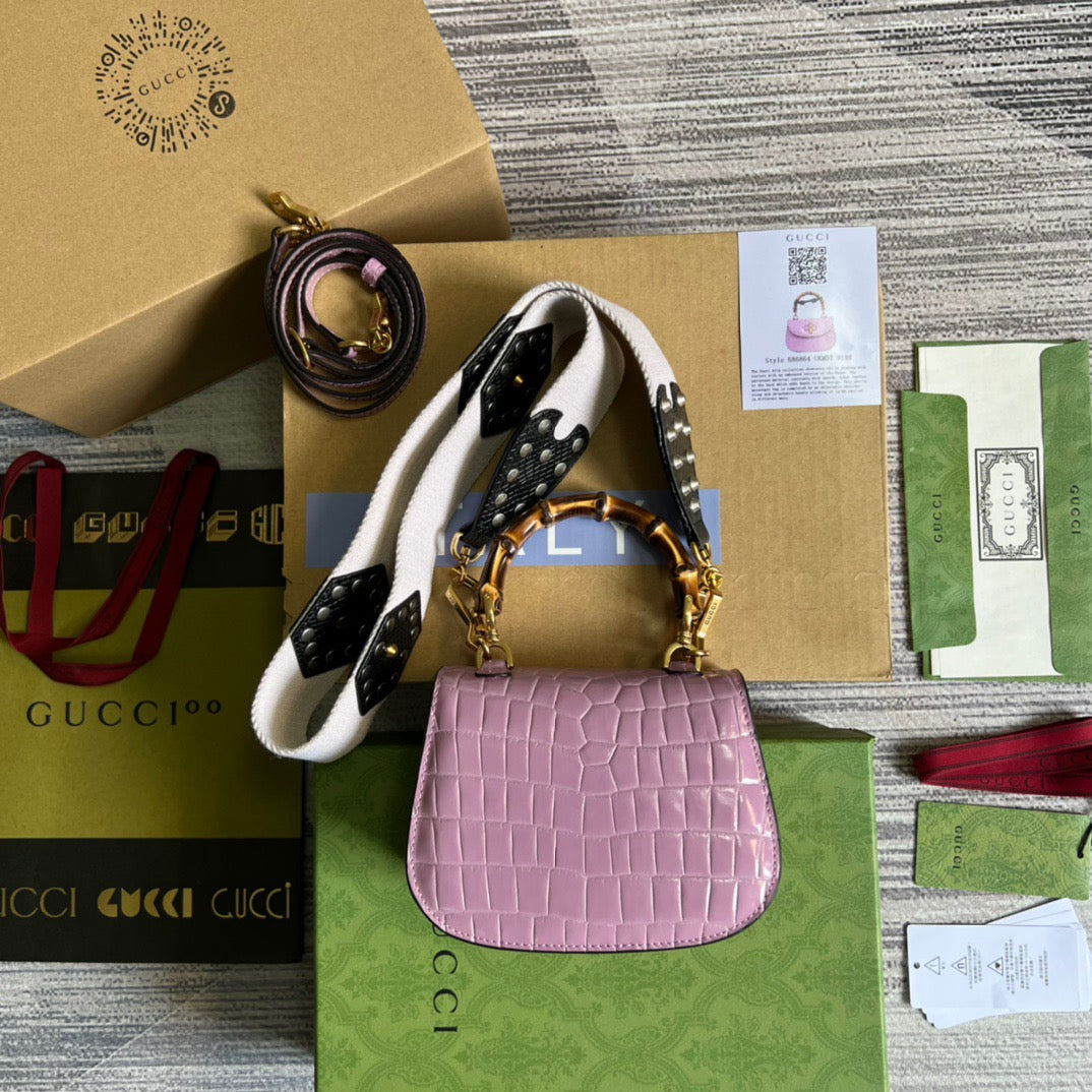 gg Bamboo 1947 Crocodile Mini Top Handle Bag Pink For Women, Women’s Bags 6.7in/17cm gg