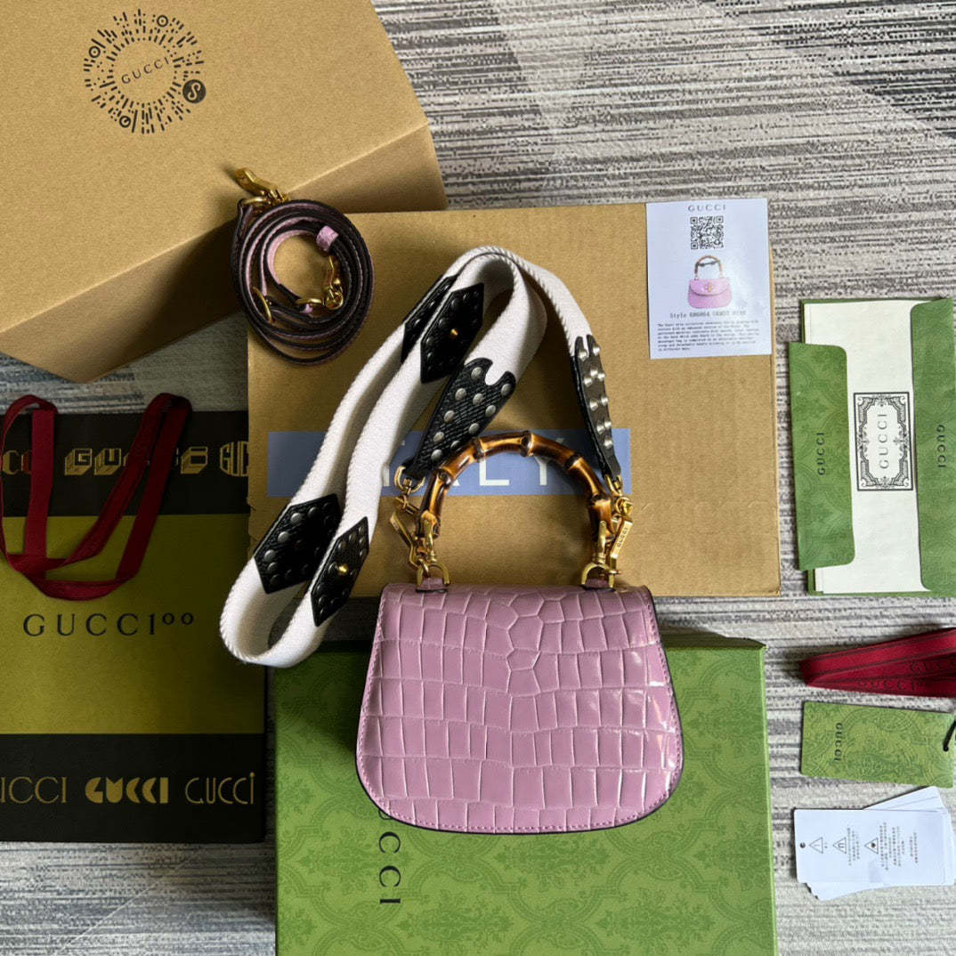 gg Bamboo 1947 Crocodile Mini Top Handle Bag Pink For Women, Women’s Bags 6.7in/17cm gg