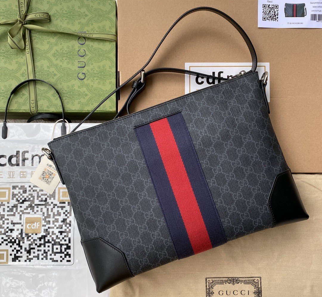gg Black Messenger Black/Grey gg Supreme Canvas Blue And Red Web For Men 14in/35cm 474139 K5ICN 1095