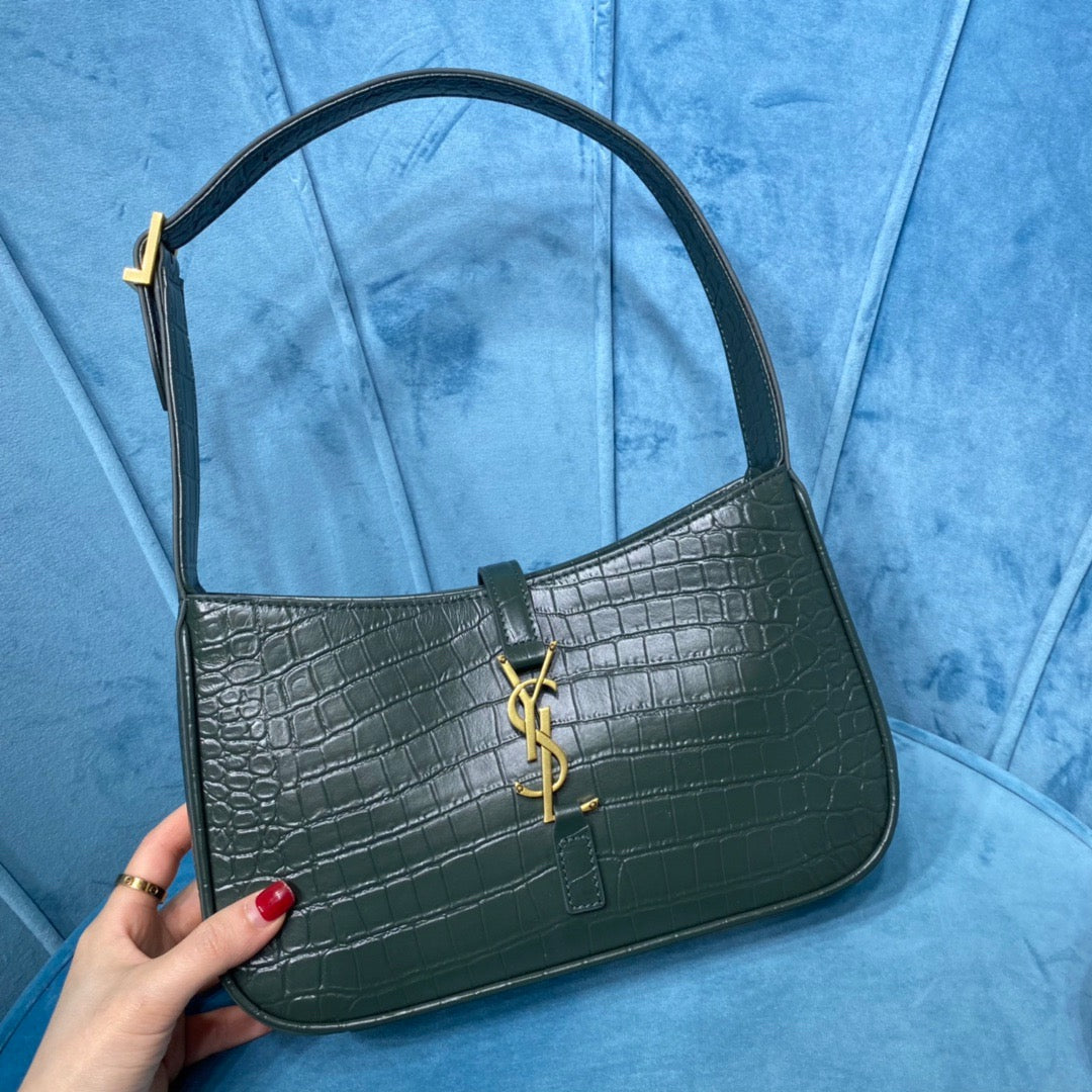 YSSL Le 5 À 7 Hobo Bag In Crocodile Embossed Shiny Dark Green For Women 9in/23cm YSL 657228DZE0W3045