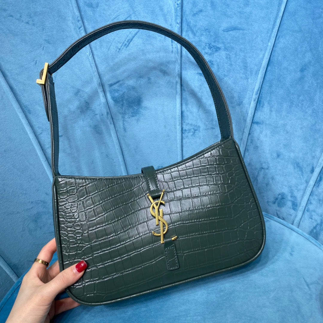 YSSL Le 5 À 7 Hobo Bag In Crocodile Embossed Shiny Dark Green For Women 9in/23cm YSL 657228DZE0W3045