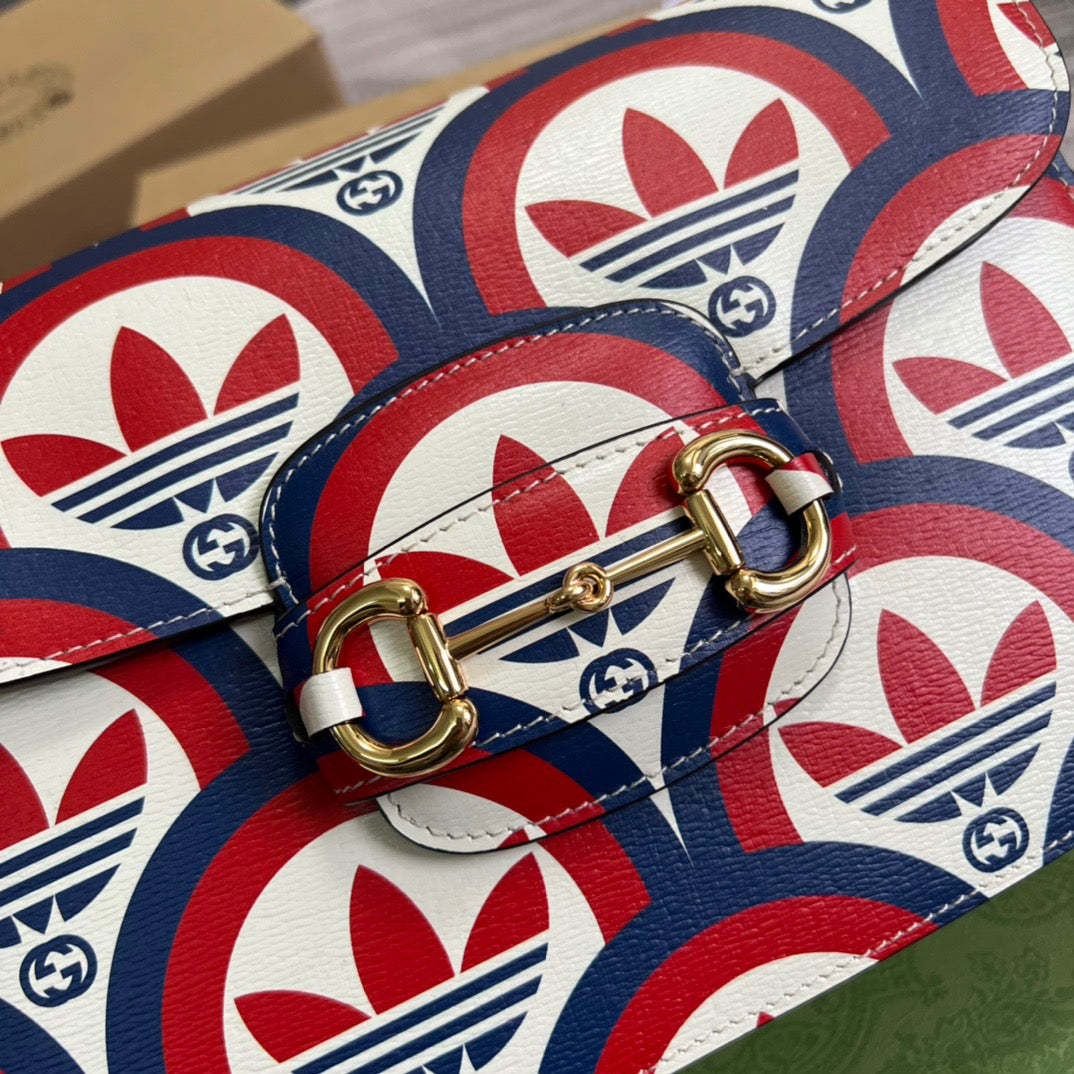 gg x Adidas Horsebit 1955 Shoulder Bag Blue/Red For Women, Women’s Bags 9.8in/25cm gg 602204 UVG0G 4168