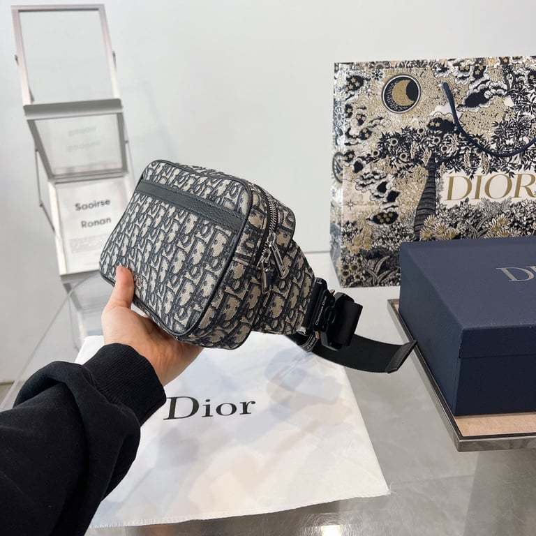 DIR OBLIQUE JACQUARD BLACK AND BEIGE BELT BAG 24CM HIGH QUALITY