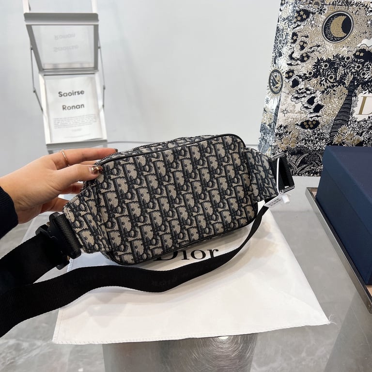 DIR OBLIQUE JACQUARD BLACK AND BEIGE BELT BAG 24CM HIGH QUALITY